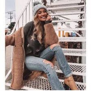 Show Me Your Mumu Cropped Varsity Sweater Star Shine Knit Grey Gold S